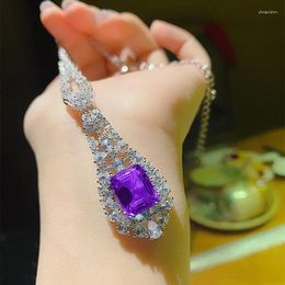 Pendants Vintage Silver Color Sweater Necklace For Women Bling Amethyst Stone Luxury Choker Pendant Jewelry Gift 2023
