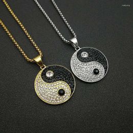 Pendant Necklaces Hip-hop HIPHOP Jewelry Black And White Gilded Rhinestone Tai Chi Yin Yang Necklace