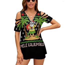 Womens T Shirts Mele Kalikamaka Hawaiian Christmas In July Hawaii Santa Gift Women Zipper Sexy Printed Vintage Tops Full Print T-Shirt