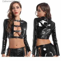 Sexy Set ECTOOKO Women Sexy Wetlook Glossy Leather Lingerie Set Sexy Long Sleeve Strappy Faux Patent Leather Split Two Piece Suit T231027