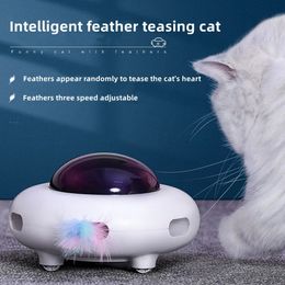 Cat Toys Toy Smart Teaser UFO Pet Turntable Catching Training toys USB Charging Replaceable Feather Interactive Auto 231027