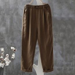Women's Pants Loose Casual Retro Cotton Button Elastic Waist Ankle Length Trousers Solid All Match Plus Size Harem 2023