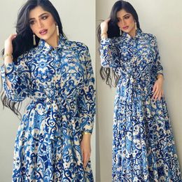 Ethnic Clothing Women's Fashion Print Elegant Big Hem Shirt Lace-up Dress Southeast Asia Abaya Long Loose Maxi High Waist