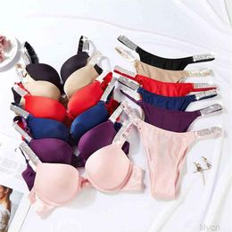 Star Same Style Sexy Letter Rhinestone Underwear Set Comfort Brief Sets Push Up Bra and Panty 2 Piece for Women Lingerie Pink263G