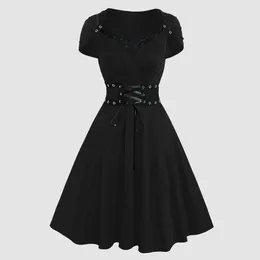 Casual Dresses Vintage Square Neck Gothic Party Dress Women Fashion Skinny Bandage Pleated Midi Female Black Short Sleeve Robes