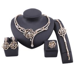 Fashion Dubai Gold Colour Jewellery Flower Crystal Necklace Bracelet Ring Earring Women Italian Bridal Accessories Jewellery Set2631