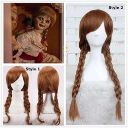 Catsuit Costumes Anime Doll Annabelle 65cm Brown Straight Braids Synthetic Hair Perucas Cosplay Halloween Costume Wigs + Wig Cap