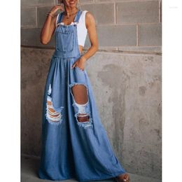 Women's Jeans Women Summer Autumn Retro Bib Overalls Jumpsuits Rompers Loose Ripped Hole Pocket Long Wide Leg Denim Pants Jumpsuit