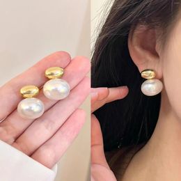 Stud Earrings 2023 French Elegant Gold Colour Bean Spliced Flat Pearl For Korean Fashion Jewellery Party Women's Sweet Accessories