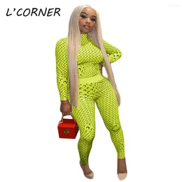 Women's Two Piece Pants High Street Chic Neon Green Moon Pattern Suits For Women Long Sleeve Shirt Pant 2pcs Fashion Tracksuits Lady Outfits