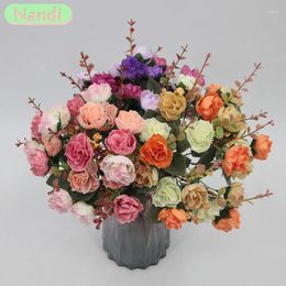 Decorative Flowers Rose Pink Silk Bouquet Peony Artificial 21 Buds Bridal Wedding Home Decoration Gifts