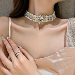 Pendant Necklaces Crystal Rhinestone Multi-row Pearl Necklace Exaggerated Atmosphere Short Choker Retro For Female249F