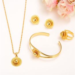 14k Yellow Solid Fine Gold Filled Jewelry set Bride Glaze Multichamber Lace Pendant Necklace Bangle Earring Ring African sets Mult2465