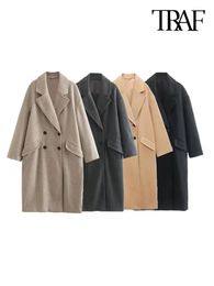 Women's Wool Blends TRAF Women Fashion Oversized Double Breasted Woollen Coat Vintage Long Sleeve Flap Pockets Female Outerwear Chic Overcoat 231026