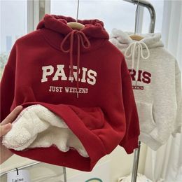 Hoodies Sweatshirts Winter Kids Fleece Thicken Hoodie Boys Long Sleeve Hooded 2 y Young Children Clothing Autumn Girls Warm Letter Hoody 231027