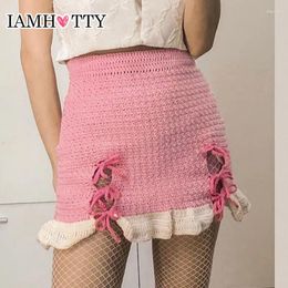 Skirts IAMTY Japanese Style Knitted Straight Mini Skirt Multi Bow Contrast Patchwork Bodycon Low Waist Cute Outfit Women