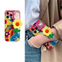 Cell Phone Cases South Korea Cute 3D Sunflower Wristband Soft Case iPhone 14 13 12 11 Pro Max Colorful Flower Wristband Shockproof Cover Funda 231026