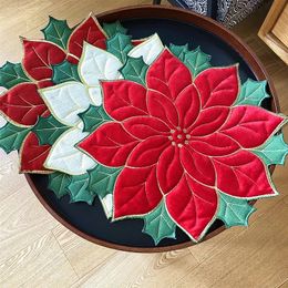 Table Cloth Creative Christmas Decorative Placemats Red Embroidery Flower Coasters Cup Pad Home Party Decoration 231027