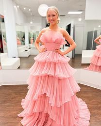 Women's Strapless Ruffle Prom Dresses Long Tiered Tulle Ball Gown Princess Quinceanera Sweet 16 Dress