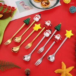 Dinnerware Sets 4PCS Christmas Gift Glod Spoon Fork Set Elk Tree Decoration Dessert Scoop Fruit Coffee Cutlery