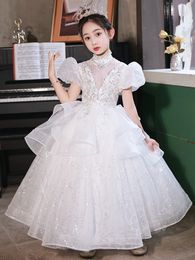 White Long Sleeve Flower Girls For Weddings Scoop Ruffles Shiny Lace Tulle Pearls Backless Princess Children Wedding Baby Birthday Party Christmas Dresses 403