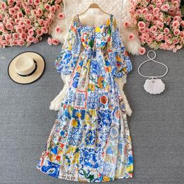 2023 Fashion Designer Boho Maxi Casual Dresses Women's Long Lantern Sleeve Blue and white porcelain Floral Print Party Long D2732