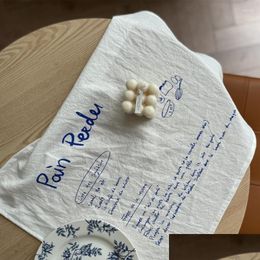 Mats Pads Table Korean Style Ins Blue Handwritten Background Cloth Meal Mat Napkin Pose Props Letter Pattern Cotton Linen Pad Dini Dhmf6