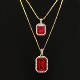 2pcs Ruby Necklace Jewellery Set Silver Gold Plated Iced Out Square Red Pendant Hip Hop Box Chain317q