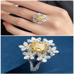 6 Flowers 2 Yellow Crystal Citrine Gemstones Diamonds Rings for Women White Gold Silver Color Jewelry Bague Wedding Gifts2151