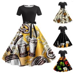 Casual Dresses Retro Oktoberfest Traditional Bavarian Beer Print Patchwork Knee-Length Dress Dirndl Costumes A-Line KneeDress Festival