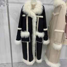 Women's Leather Long Real Shearling Coat Genuine Lambskin Warm Wool Winter Double Face Jacket ZJ6055