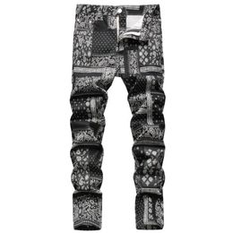 Men's Jeans Men Paisley Bandanna Printed Fashion 3D Digital Painted Stretch Denim Pants Slim Straight Black Trousers231T