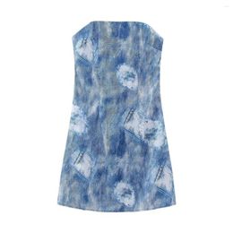Casual Dresses Sexy Denim Strapless Backless Dress For Women Knee Length Summer Blue Tie Dye Y2K Street Style Female