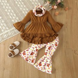 Clothing Sets 1-6Y Kids Girls Autumn Winter Clothes Flare Long Sleeve Ruffle Dress Tops Cartoon Print Pants Scarf Thankgiving 3Pcs Outfit