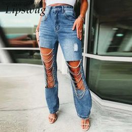 Women's Jeans New Fashion Big Hole Rhinestone Chain Street Jeans Casual Female Washing Denim Trousers Women Vintage Pocket Straight Long Pants T231027