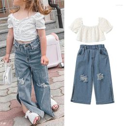 Clothing Sets 2-7years Kids Girl Casual Suit Short Sleeve Ruffled Square Neck Lace White Tops Elastic Waist Ripped Denim Pants Girls Set
