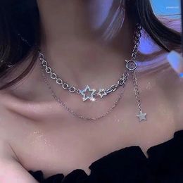 Chains Punk Star Layered Tassel Choker Necklace Y2k Jewellery For Women 2023 Fashion Pentagram Silver Colour Chain Zircon Charm