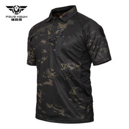 Outdoor Sports Tactical Short Sleeve Polo Collar T-shirt Men Physical Training Hiking Camping Camouflage Fast Dry Thin Military T 219B