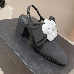 Womens Slingbacks Dress Shoes Ladies Sandals Designer Calfskin Grosgrain Chunky Heels 5.5cm With Camellia Flower Bowtie Elegant Adjustable Buckle Wedding Shoe