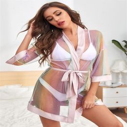 Women's Sleepwear Sexy Women Lingerie Rainbow Mesh Sheer See Through Half Sleeve Feather Dress Nightwear Robe Night Gown Robe212w