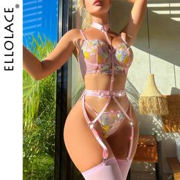 Sexy Set Ellolace Fancy Lingerie Floral Lace Beautiful Underwear Delicate Bilizna Set Halter Bra Kit Push up Luxury Intimate Stocking 231027