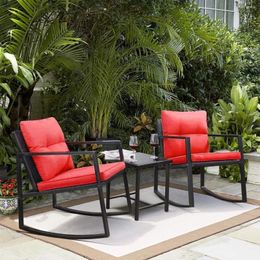 Camp Furniture 3 Pieces Rocking Wicker Bistro Set Patio Outdoor Conversation Sets With Porch Chairs And Glass Coffee Table Red