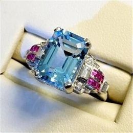 Size 6-10 Top Sell Luxury Jewelry 925 Sterling Silver Aquamarine CZ Diamond Gemstones Ruby Party Women Wedding Engagement Band Rin325P