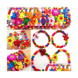 Beaded 100Pcs Girls Natural Wood Beaded Bracelets Styles Mix Children Wooden Wristbands Child Party Bag Fillers Birthday Gift Wholesal Dh1Qo