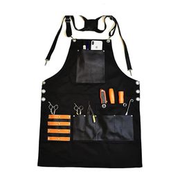 Aprons Durable Thick Canvas Apron Barber Painting Work Apron with Tool Pocket PU Leather Unisex Men Women Cross-Back Straps Adjustable 231026