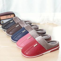 Slippers Men Slippers Indoor PU Leather Women House Waterproof Warm Home Fur Slipper Male Couple Shoes Fluffy Big Size Casual Slide Shoes 231027