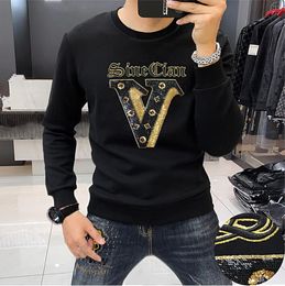 New Men's Embroidered Luxury High Grade Men's Long Sleeve T-shirt Round Neck boys Light sequins V Comfortable Personalised Fashion Brand Men's Autumn Clothing