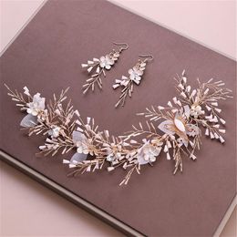 Bead Crystal Headpiece Earrings Opal Flower Butterfly Crown Tiaras Jewellery Sets Bridal Wedding Hair Accessories Headband Gold2913