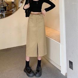 Skirts Split Khaki Skirt For Women Summer Medium Length Straight Tube Hip Wrap A-line 2023 Streetwear Casual Harajuku