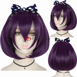 Catsuit Costumes Anime Kakegurui Ikishima Midari Purple Short Cosplay Wigs with Patch and Bow Hoop Heat Resistant Synthetic Hair + Wig Cap